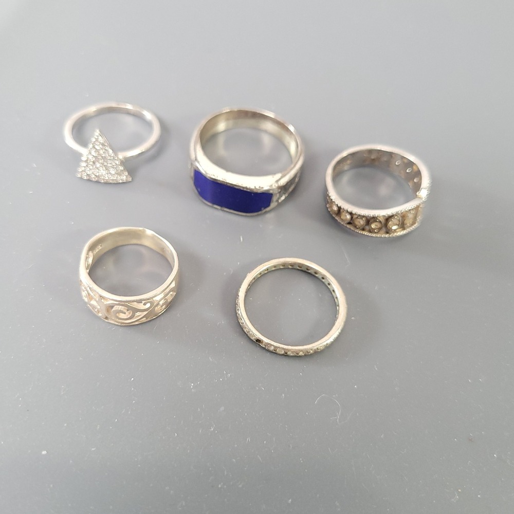 Sterling Silver 925‎ Ring Lot 5pc Mixed Styles Blue Inlay Filigree 17.99g
